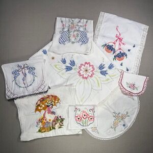 Vintage Hand Embroidered Floral Linen Lot Tablecloth Runners Parasol Lady 8pc